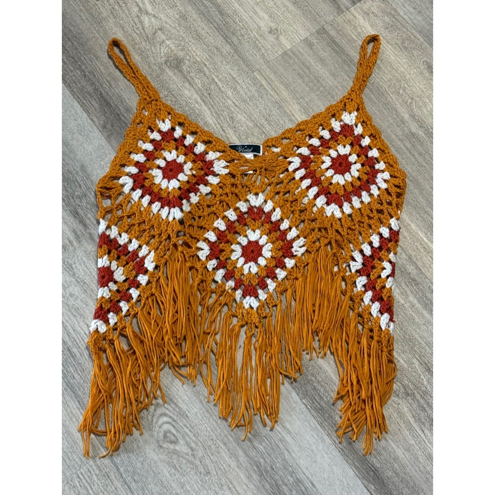 Vivid Crochet Tank Top Fringe Boho‎ Orange White Red Square Pattern Size M